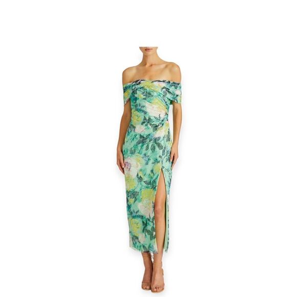 ML Monique Lhuillier Allie Floral Print Lace Midi Dress Off Shoulder Size 2 - Picture 1 of 16